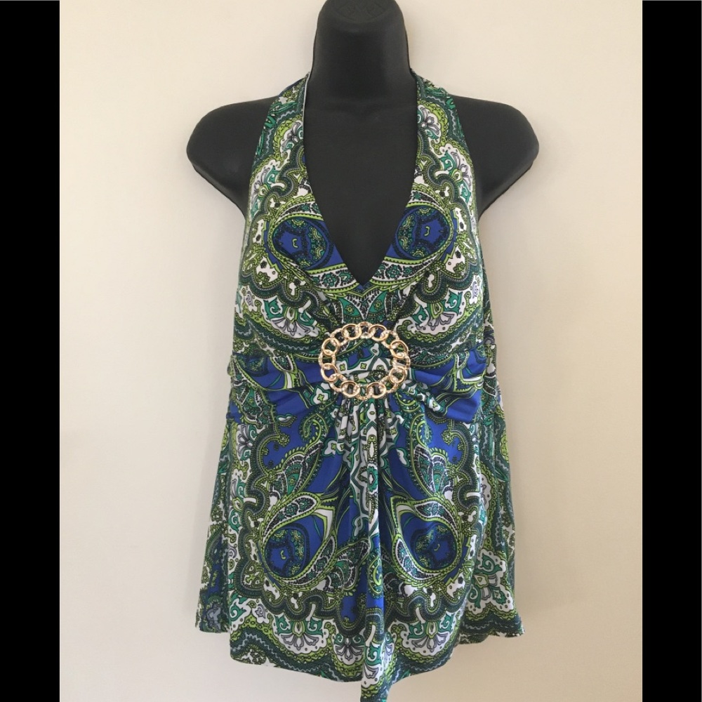 Cache  Paisley Halter Top with Gold Embelishment.